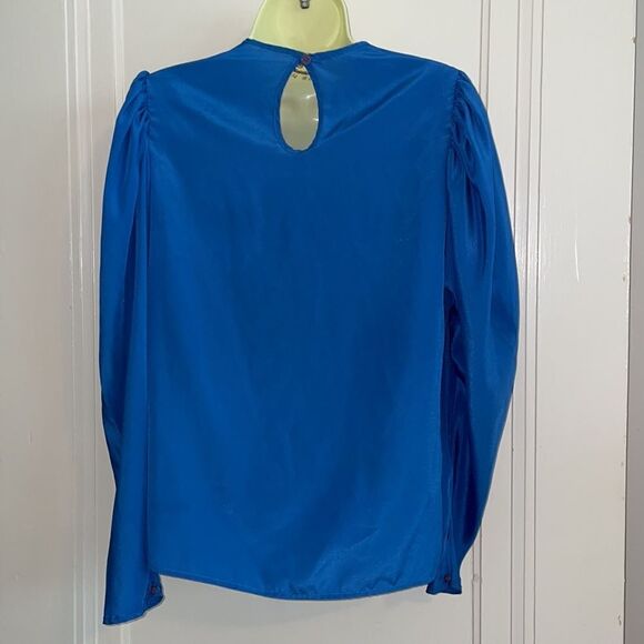 Vintage 80sâroyal blue polyester gathered shoulder long sleeveâblouse - Picture 6 of 9